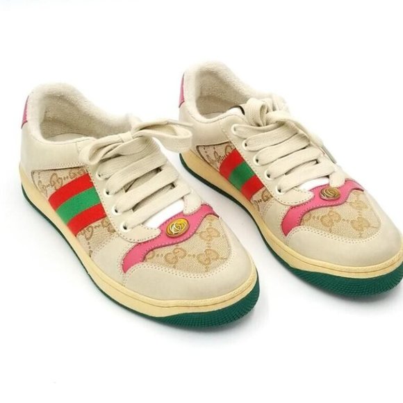 Gucci GG Logo Screener Web Stripe Beige with Pink Leather Trim Size EU39/US8.5 - Picture 3 of 9